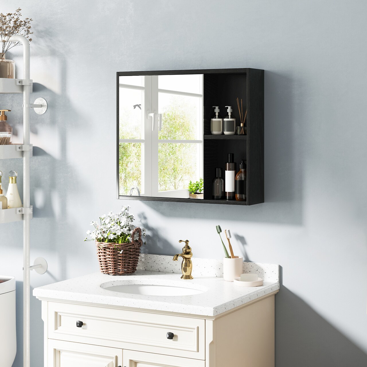 Wall Mounted Bathroom Medicine Cabinet with Single Mirror Door and 2 Inside Adjustable Shelves
